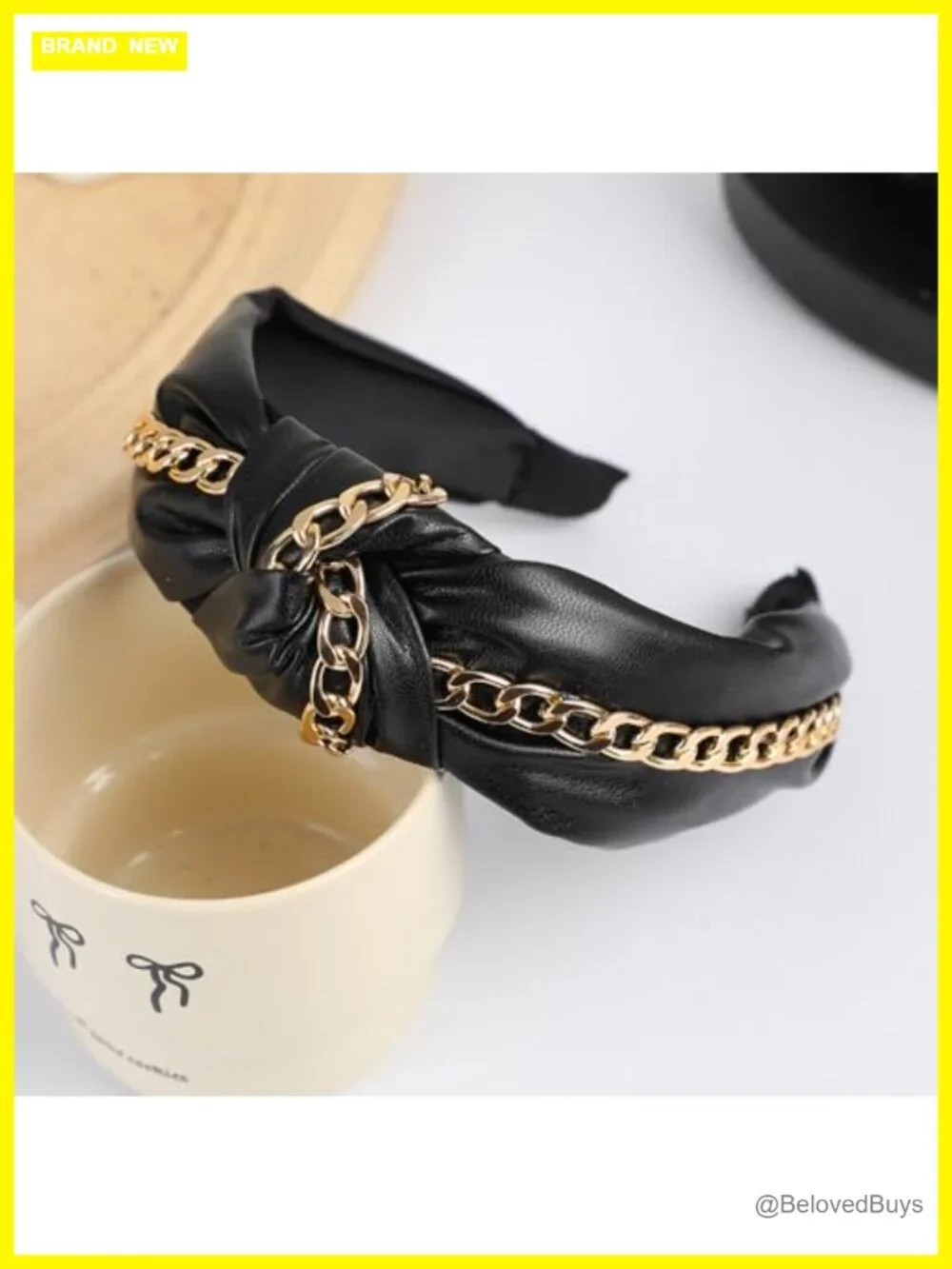 Punk Knotted Headband with Gold Chain Black PU Leather Hair Hoop